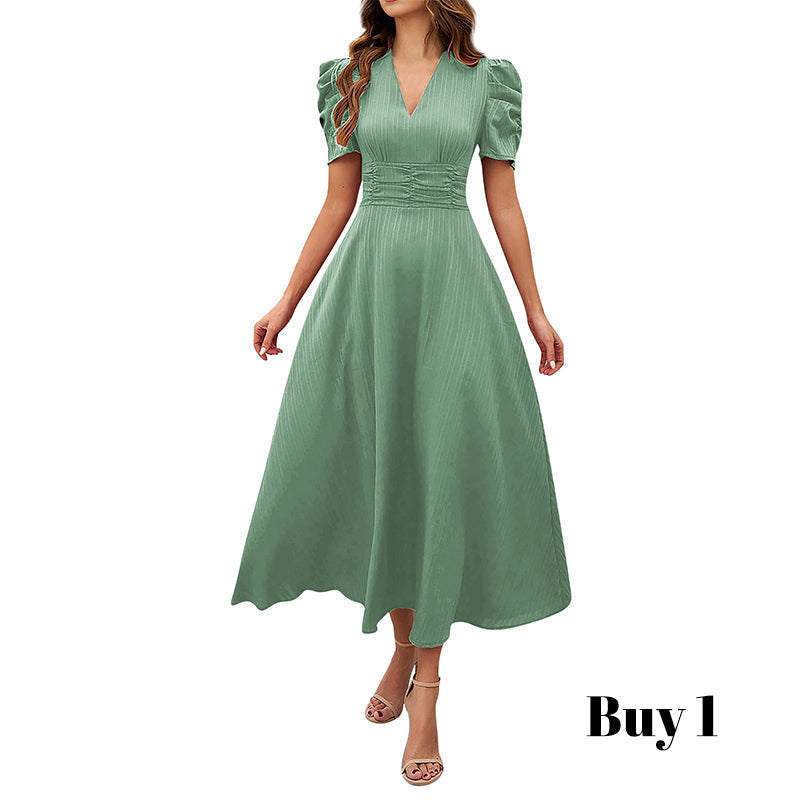 Robe élégante à col en V et taille haute avec manches bouffantes