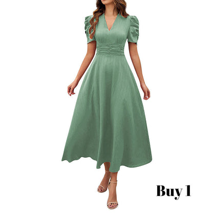 Robe élégante à col en V et taille haute avec manches bouffantes