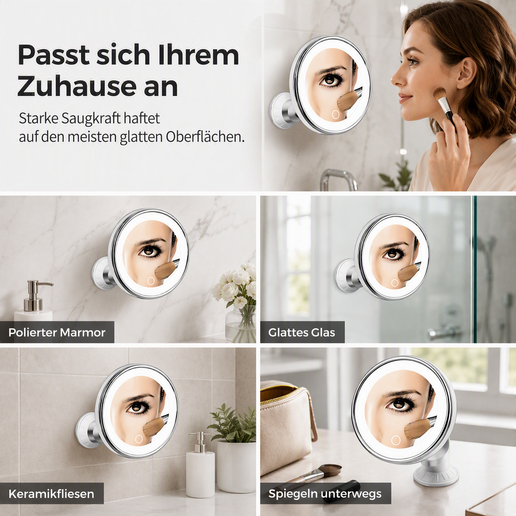 Miroir de maquillage grossissant 10 fois avec éclairage LED et ventouse